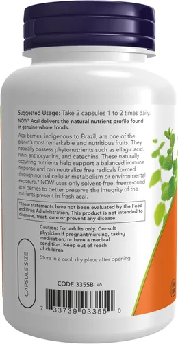 Vista 3 de Suplementos AHORA, Acai 500 mg, súper fruta liofilizada, 100 cápsulas vegetales