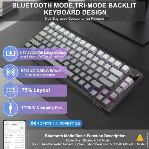 Vista 2 de FOPETT Teclado mecánico inalámbrico recargable retroiluminación ajustable tres modos con cable /2.4G/Bluetooth grabado lateral