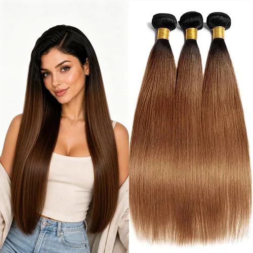 Vista 305 de P4613 Cabello humano rizado onda profunda marrón y paquetes mixtos 8 10 12 P4613 Ombre Marrón-Rubio-DP