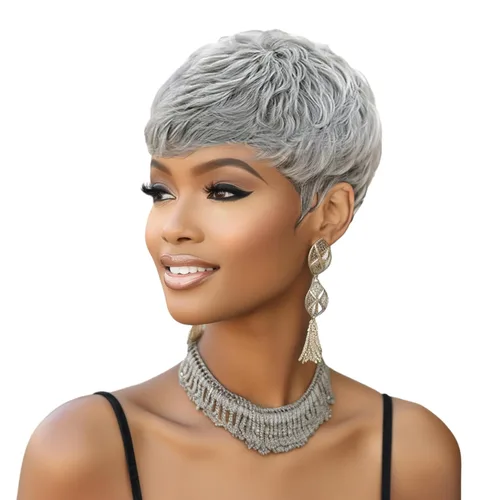 Vista 7 de Cabello rizado Pixie para mujer con flequillo para mujer (negro y rizado) Pixie - Pelucas sintéticas en capas, pelucas cortas para mujeres negras