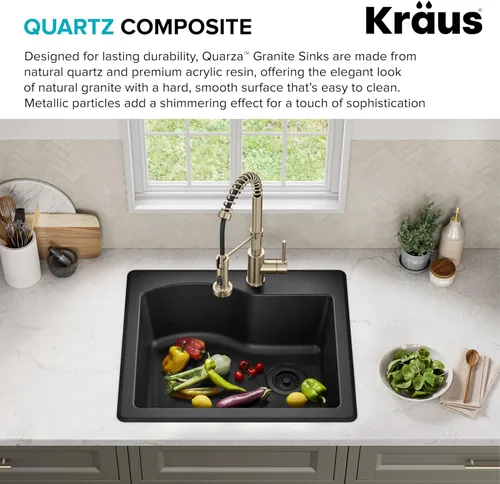 Vista 5 de KRAUS Quarza - Fregadero de cocina de granito de instalación empotrada/sobre encimera de un solo seno, 25 pulgadas, color negro, KGD-441BLACK