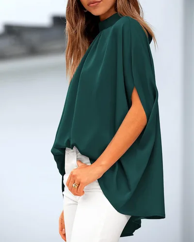 Vista 41 de BTFBM Blusas de verano para mujer, cuello alto falso, manga murciélago, holgadas, dobladillo alto y bajo, blusas informales de gran