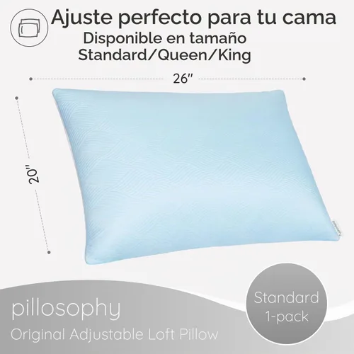 Vista 2 de pillosophy Almohada Loft ajustable original • Relleno de espuma viscoelástica triturada con gel • Funda refrescante lavable de doble cara • Perfecto
