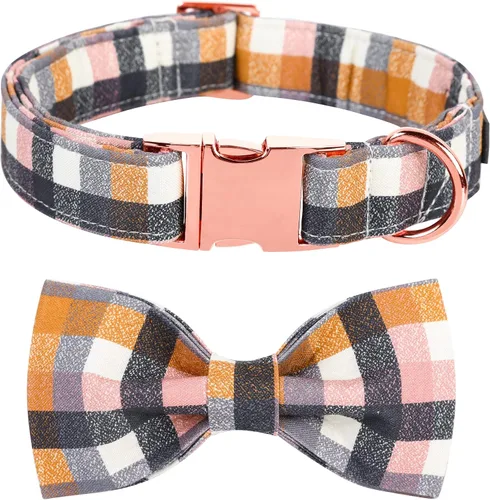 Vista 27 de Collar de perro a cuadros de búfalo amarillo otoñal con pajarita elegante Otoño-Lazo-Cuadros Amarillo