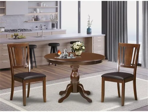 Vista 2 de East West Furniture HBDU3-MAH-C - Juego de comedor de 3 piezas que contiene una mesa de comedor redonda con pedestal y 2 sillas de cocina tapizadas