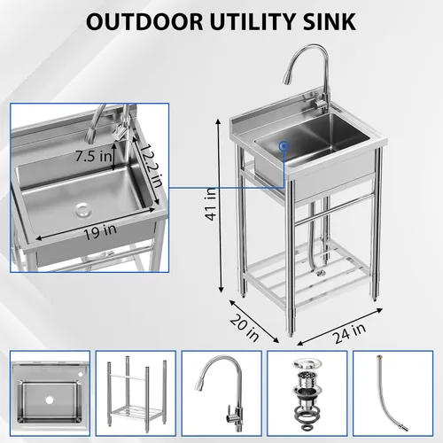 Vista 2 de Fregadero de cocina de acero inoxidable, fregadero utilitario de 24 x 20 x 41 pulgadas con grifo extraíble, grifo de agua caliente y fría, cuenco