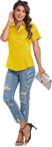 Vista 4 de Camisas de manga corta con botones para mujer, ajuste holgado, casual, formal, elástica, para verano