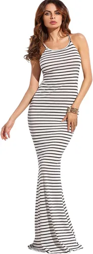 Vista 2 de SheIn - Vestido sexy largo hasta el tobillo con diseño a rayas para mujer vestido de fiesta de verano con tirantes delgados y espalda descubierta