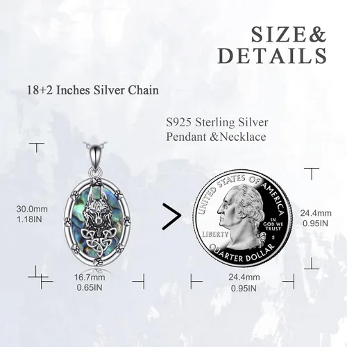 Vista 4 de Collar de plumas de lobo de plata de ley, collar de lobo con pata de lobo, nudo vikingo, collar de concha de abulón, regalo de cumpleaños
