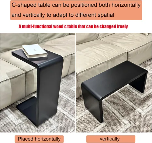 Vista 4 de Mesa auxiliar en forma de C, mesa auxiliar de madera maciza para sofá, cama y sala de estar, mesa auxiliar pequeña para aperitivos que ahorra