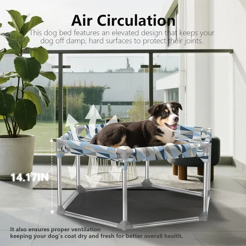 Vista 4 de Cama elevada para perros con barandilla completa, sofá cama elevada para perros, cama hexagonal para cachorros, cuna refrescante para mascotas al