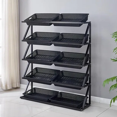 Vista 8 de Shelves 4/5 Tier Commercial Supermarket Fruit Rack Vegetable Shelf, Retail Display Rack, Large Capacity Snack Storage Basket for Pantry/Retail Nero