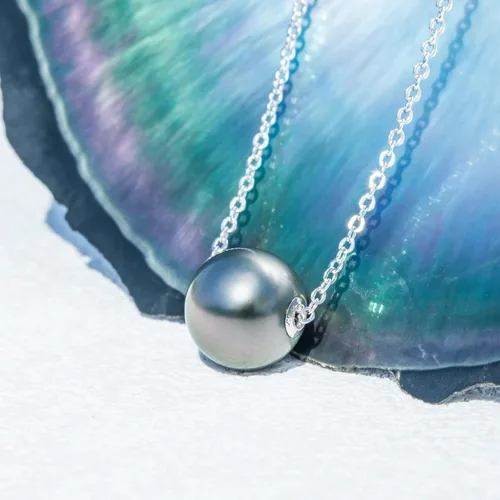 Vista 3 de Collar de perlas negras de Tahití genuinas de 9 a 0.551 in, perlas negras de Tahití de la naturaleza seleccionadas a mano de calidad AAA, colgante