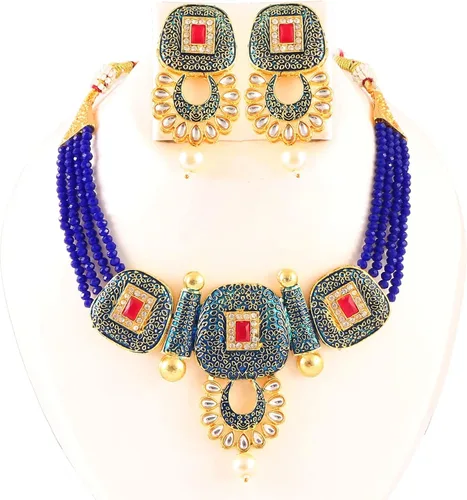Vista 2 de JewarHaat Bollywood - Juego de collar con cuentas de cristal de ónix, chapado en oro, tono dorado con aretes, joyería para mujeres y niñas