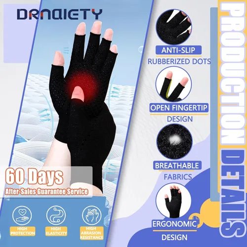 Vista 4 de DRNAIETY Guantes de compresión para artritis, para hombres y mujeres, para dolor de manos, guantes antideslizantes sin dedos para escribir y Negro