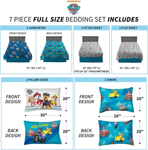 Vista 4 de Franco Juego de edredón y sábanas súper suaves con funda para niños, 7 piezas, tamaño matrimonial, Paw Patrol y cortinas para habitación de niños