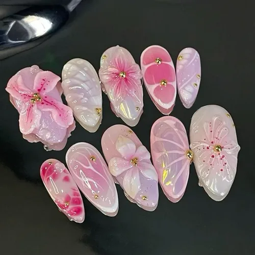 Vista 38 de 24 piezas de uñas postizas de punta francesa a presión, uñas postizas medianas en forma de almendra con diseño de ondas azul oscuro, uñas postizas