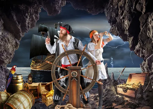Vista 4 de Telón de fondo de barco pirata de 7 x 5 pies, aventura náutica, búsqueda del tesoro, fotografía, telón de fondo, temática pirata, decoraciones