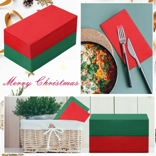 Vista 4 de Teling 50 piezas de servilletas de papel de Navidad desechables, servilletas de Navidad para cena y cóctel, toallas de mano rojas y verdes