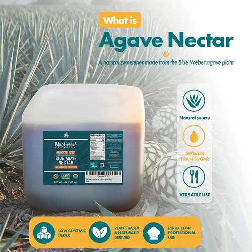 Vista 2 de BLUE GREEN ORGANICS - Néctar de agave azul crudo de 44 libras, edulcorante natural orgánico a granel, recipiente de 4 galones para restaurantes