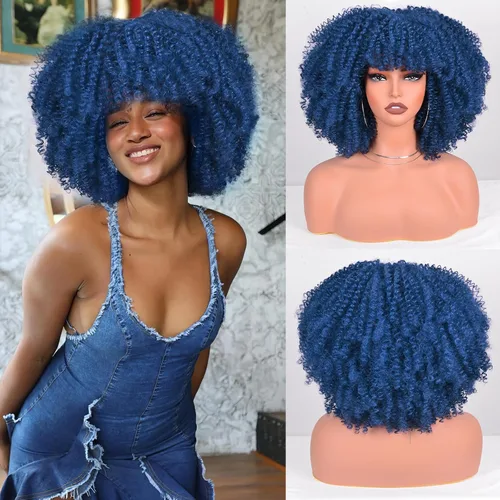 Vista 14 de Vitorish Peluca corta afro rizada con flequillo para mujeres negras, peluca sintética resistente al calor, color negro natural, para uso diario