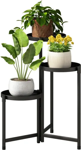 Vista 12 de Soporte negro de 2 niveles para plantas en interiores, 30 pulgadas de alto, estante de esquina de metal resistente para plantas estrechas para piso