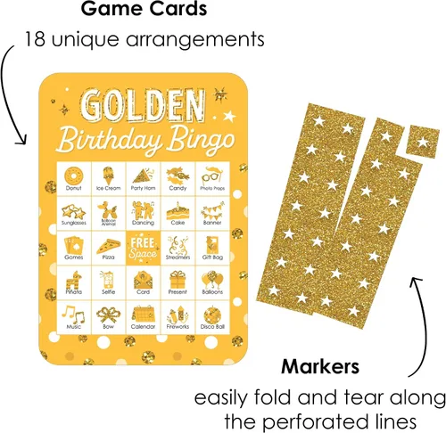 Vista 3 de Big Dot of Happiness Golden Birthday - Tarjetas y marcadores de bingo con imágenes - Juego de bingo para fiesta de cumpleaños - Juego de 18