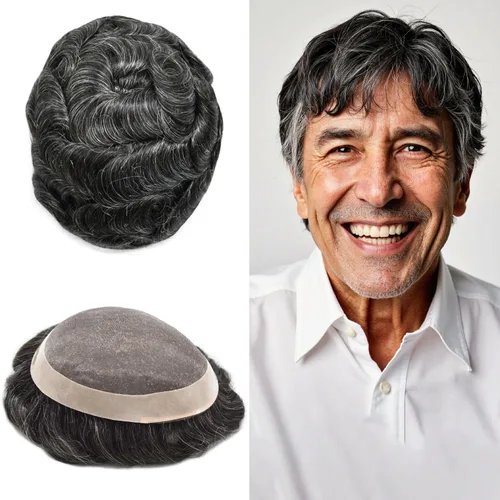Vista 15 de Toupee de cabello humano fino mono revestido de poliéster para hombre, postizo de monofilamento duradero NPU monofilamento tupé para hombres
