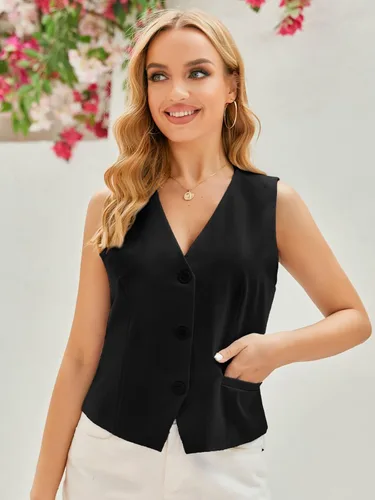 Vista 3 de GAMISOTE Chaleco con botones para mujer, estilo vintage, sin mangas, cuello en V, elástico, de gasa, chaleco