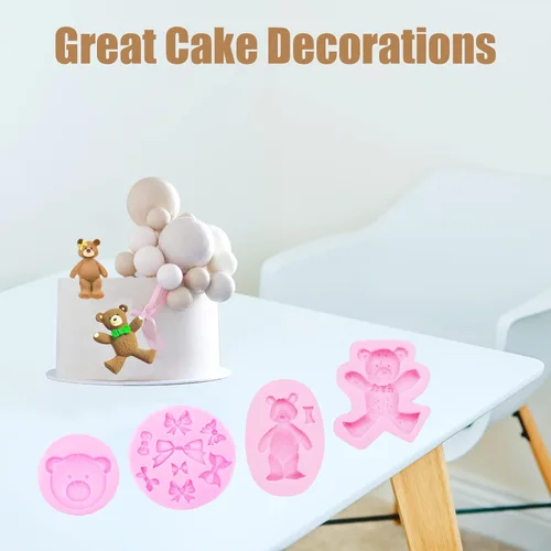 Vista 4 de Moldes de silicona de oso de chocolate, 4 piezas, moldes de silicona para osos de pasteles, moños para pasteles, decoración de pasteles, dulces