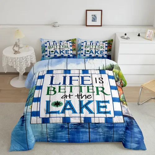 Vista 39 de Lake House - Juego de edredón tamaño individual, juego de ropa de cama rústica de granja vieja de 2 piezas para niños, adolescentes y adultos