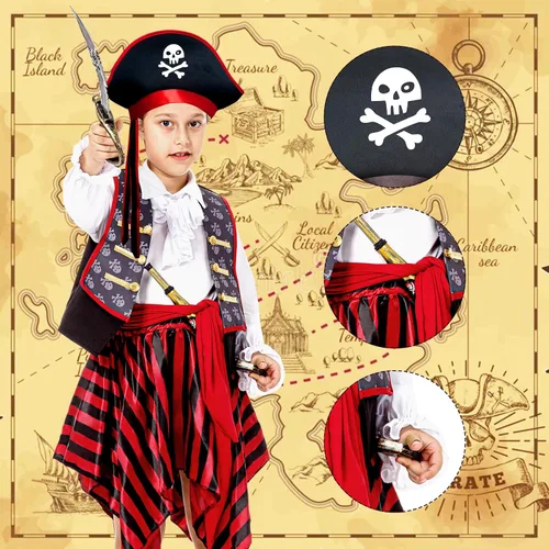 Vista 3 de Joy Bang Disfraz de pirata para niños, disfraces de bucanero de Halloween para niños y niñas de 3 a 12 años, juego de rol de simulación de cosplay