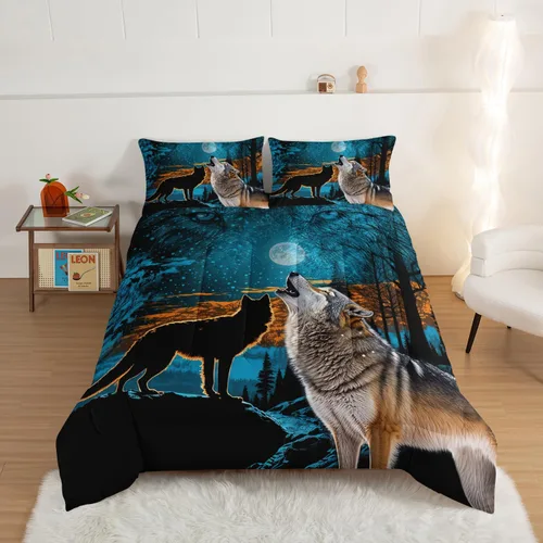 Vista 3 de HOSIMA Edredón de lobo salvaje tamaño individual, ropa de cama con estampado de animales del bosque con 2 fundas de almohada, juego de ropa de cama