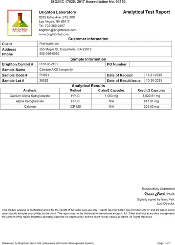 Vista 8 de ProHealth, Suplemento de Ca AKG (alfa cetoglutarato) (1,000 mg por porción de 2 cápsulas, 60 cápsulas). Apoya la función metabólica y los procesos