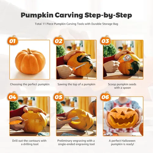 Vista 3 de Kit de 11 piezas de tallado de calabaza para adultos y niños con herramientas de escultura de detalles profesionales, juego de cuchillos de acero