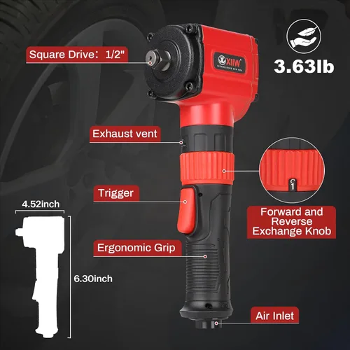 Vista 2 de XIIW Llave de impacto angular de 1/2 pulgada, par máximo de 910 pies-libras, diseño compacto y ligero de 3.63 lb, pistola de aire de impacto mini
