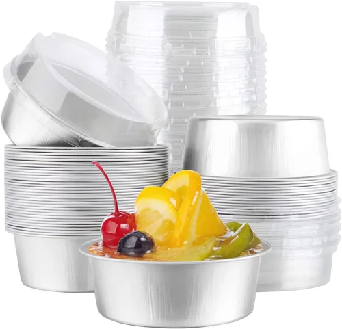 Vista 17 de EUSOAR Ramequines desechables con tapas, 50 unidades de papel de aluminio para hornear, moldes de 5.1 fl oz para cupcakes para tartas, quiche Lluvia