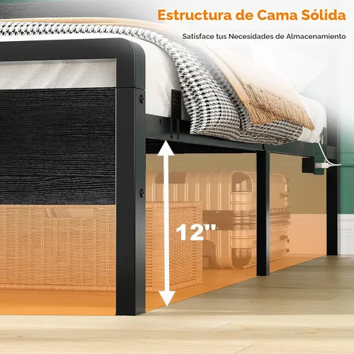 Vista 5 de VINGLI Base de cama de plataforma individual con cabecero y estribo LED, estación de carga USB, cama de panel de metal con espacio de almacenamiento