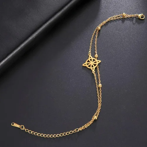 Vista 4 de Pulsera de nudo de brujas para mujer, de acero inoxidable, nudo celta con símbolo Wiccano, pulsera en capas, dije único, pulsera ajustable de doble