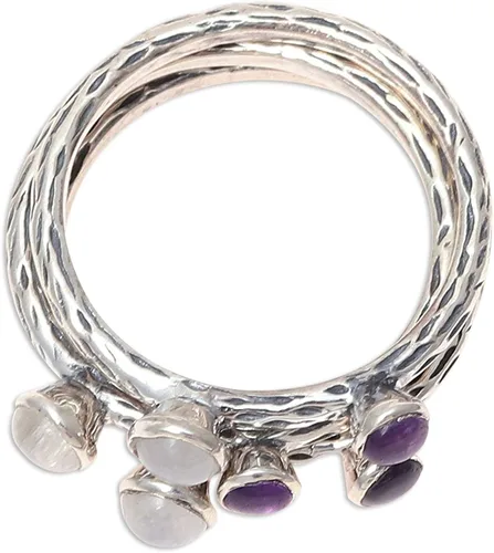 Vista 3 de NOVICA Anillos apilables artesanales hechos a mano con piedra lunar y amatista, plata de ley 925, piedra natal india, piedra natal 'Mystic Union