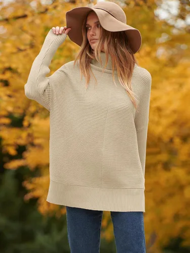 Vista 2 de ANRABESS Suéter tipo túnica de punto con cuello alto para mujer, manga larga de murciélago, dobladillo dividido, ropa de moda 2024