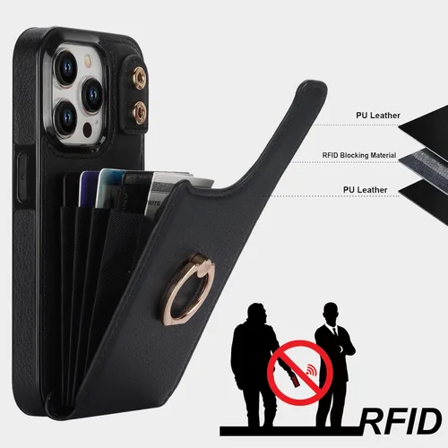 Vista 5 de Folosu Funda compatible con iPhone 15 Pro con soporte para tarjetas, rotación de 360°, soporte de anillo de dedo con función atril, bloqueo RFID
