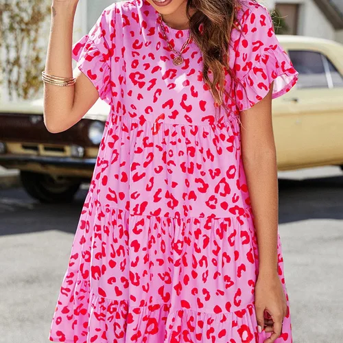 Vista 3 de Vestidos de verano de manga corta para mujer, estilo casual, cuello redondo, estampado floral, mini vestido con volantes, suelto, vestido corto