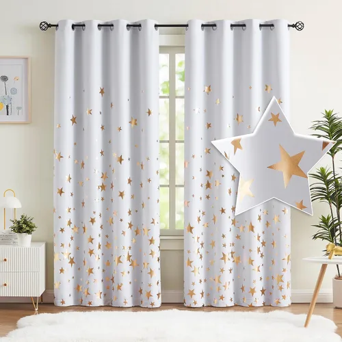 Vista 16 de Treatmentex Cortinas Blackout Completas Gold Star Negras para Dormitorio de Niños Varones, Paneles de Ventana con Acabado Metálico para Cuarto