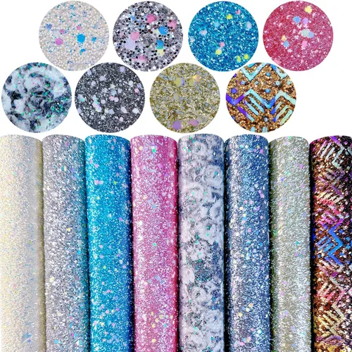 Vista 7 de Sábanas de piel sintética con estampado de copos de nieve de Navidad, 8 x 12 pulgadas, tela brillante con purpurina fina para lazos, manualidades