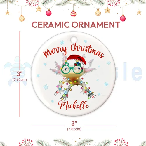 Vista 4 de Hyturtle Adorno de Navidad personalizado para los amantes de los ajolotes – Adorno de cerámica con nombre personalizado de Feliz Navidad – Lindo