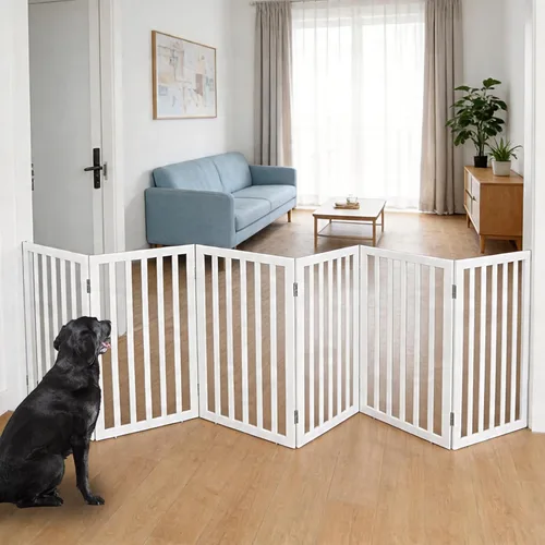 Vista 10 de Puerta para perros para interiores, valla independiente para perros, para la casa, puertas, pasillos o escaleras, puerta para mascotas plegable