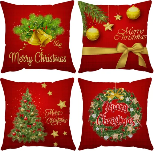 Vista 17 de Fundas de Almohada Feliz Navidad 12x12 Juego de 4 Fundas de Almohada de Terciopelo de Navidad Rosa Navidad Invierno Vacaciones Fundas de Almohada