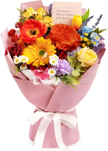 Vista 11 de Ramo de flores preservadas de color naranja, ramo de regalo para mujeres, regalo de flores falsas eternas para Navidad, aniversario, cumpleaños