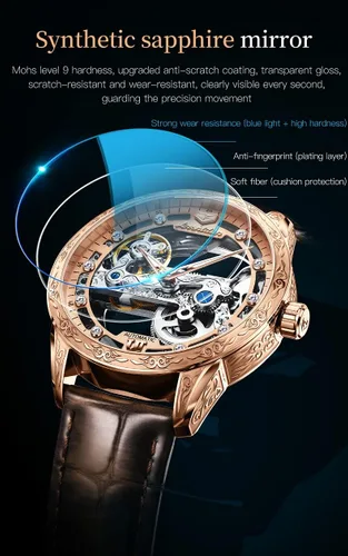 Vista 6 de Relojes de cuero de esqueleto para hombre, vestido de lujo automático, mecánico, automático, impermeable, luminoso, relojes de pulsera